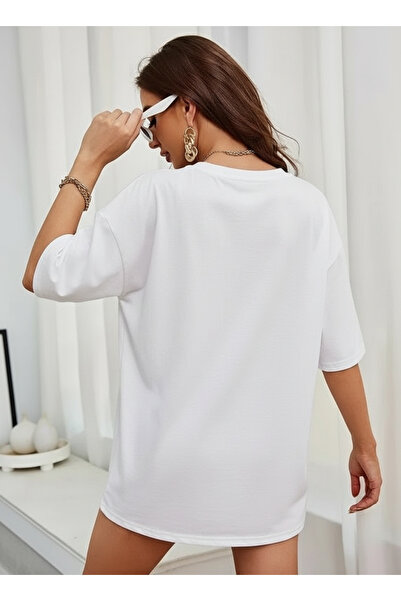 LOTS MODA Kadın Soft Yazılı Tavşan Baskılı Oversize Tişört %100 Pamuk Minimal Sevimli