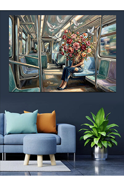 Artmeg Femeie pasageră cu capul în floare în metrou - Pânză decorativă - Masă...