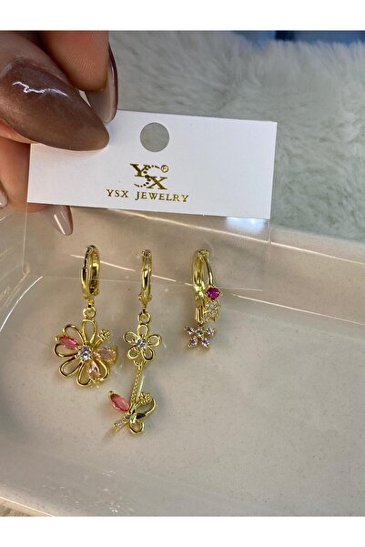YSX JEWELRY Ysx Brand Flower Detailed Colored Stone 3-Piece Earrings That Do ...