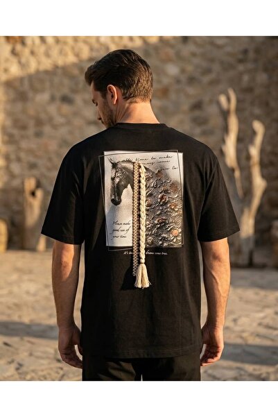 CANMODA Μπλουζάκι Unisex Μαύρο Oversize με στάμπα αλόγου στην πλάτη και λεπτο...