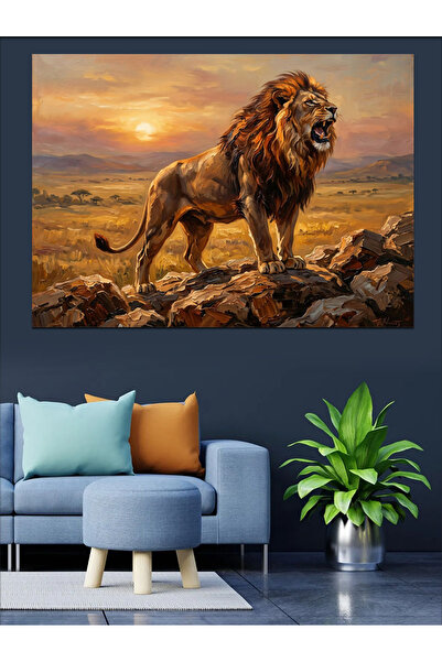 Artmeg Leul gigant care rage pe apusul soarelui - Tablou decorativ din lemn MDF