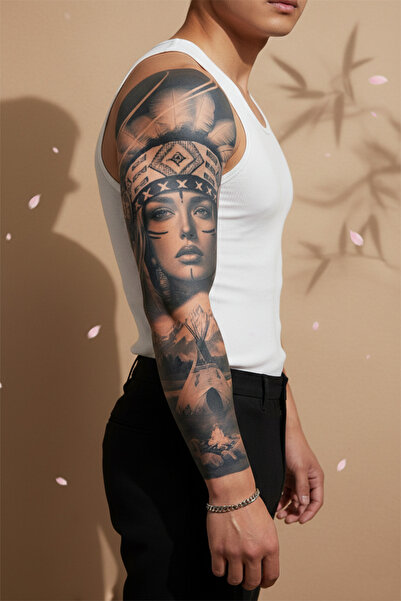 pivok Kızılderili Kadın ve Çadır Motifli Tam Kol Kaplama Tattoo - Yarı Kalıcı...