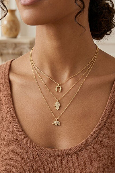 Larius Jewelry 3 lü Altın Kaplama Zirkon Taşlı Şans Figürlü Charm Kolye, (Haf...