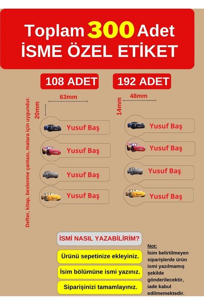 Etiketçi Paşa 300 Adet Arabalı Okul Etiketi Defter Etiketi Kalem Etiketi Kişi...