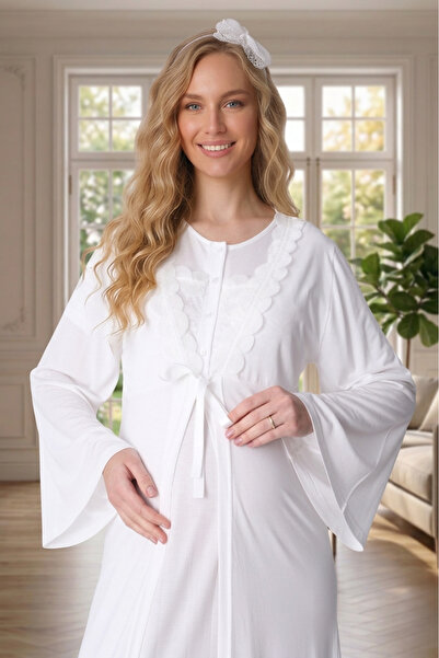 Lohusa Homewear Νέα σεζόν Εκρού Σετ Νυχτικών Εγκυμοσύνης και Μητρότητας Καλοκ...