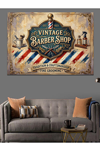 Artmeg Vintage Berber Salonu Amblemi Ve Çizgileri Dekoratif Kanvas - Mdf Ahşa...