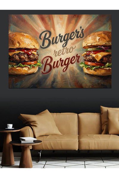 TabloPro Retro Burger Restoran Tabelası Tasarımı Yağlı Boya Dokulu Kanvas Tab...