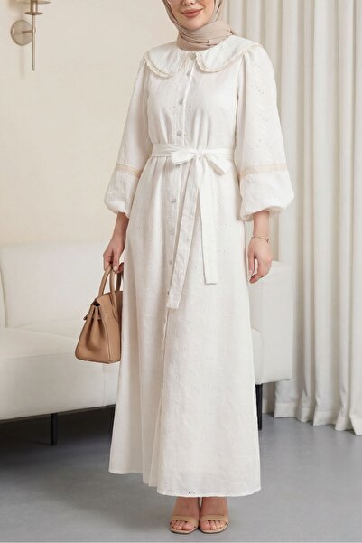Modamorfo Baby collar scalloped buttoned belted lined linen dress - white