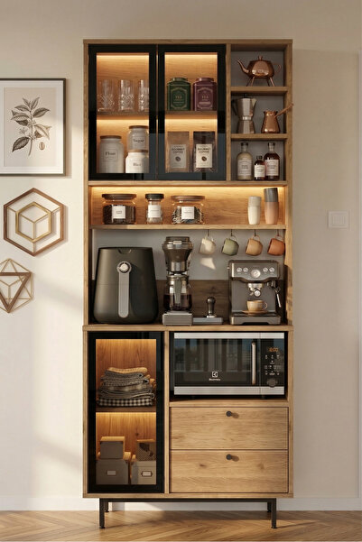 Yurudesign Venice Kahve Köşesi Mutfak Dolabı Led Işıklı Kiler Dolabı Temperli...