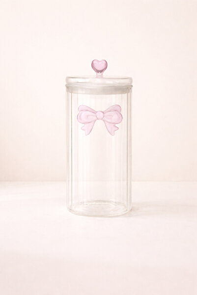Mirilliahome Heart Detailed Bow Design Glass Jar 1400 ml Decorative Storage J...