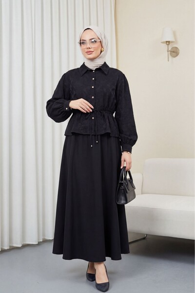 Modamorfo Jacquard Suit with Stone Buttons and Tie-Waist Skirt - Black