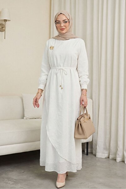 Modamorfo Λινό φόρεμα με διπλή επένδυση, δέσιμο στη μέση και καρφίτσα - λευκό