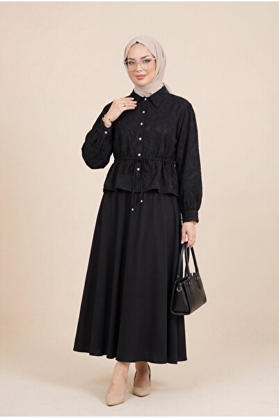 Modamorfo Σετ ζακάρ με πέτρινα κουμπιά και φούστα με δέσιμο στη μέση - μαύρο