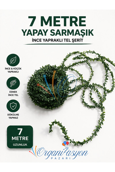 Organizasyon Pazarı 7 Metre Yapay Sarmaşık Yapraklı Tel Balkon Duvar Dekor Do...