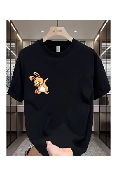 AEMİ Μπλουζάκι Unisex με στάμπα κουνελιού, μεγάλου μεγέθους, με λαιμόκοψη ποδ...