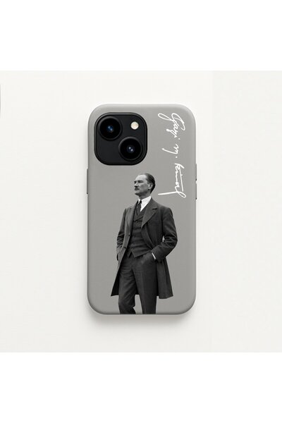 DEMİNA iPhone 13/ 14 Uyumlu Atatürk ve İmza Baskılı İçi Kadife Lansman Kılıf