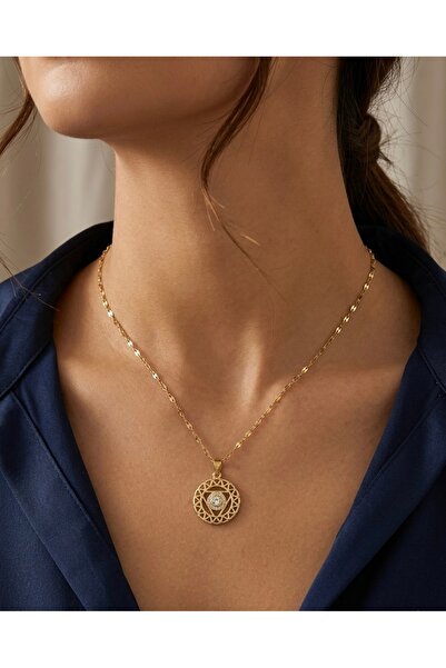 Vira Rise Kadın Gold Çelik Kolye Mandala Figürlü Zirkon Taşlı Pullu Zincir