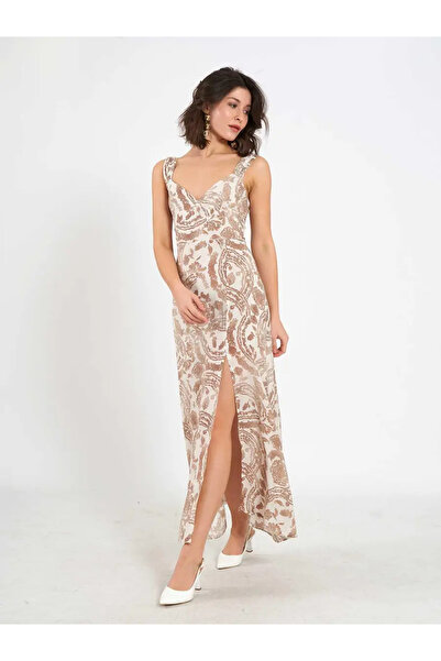 BIGNUANCE Soft Brown Ethnic Patterned V-Neck Slit Detailed Long Dress Casual ...