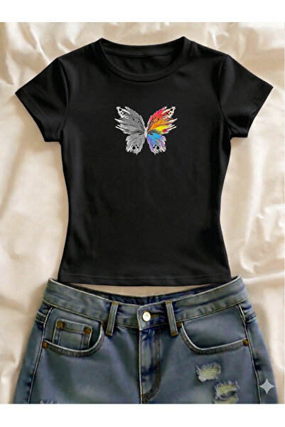 Vordevia Tricou crop cu mânecă scurtă, cu imprimeu fluturi, din lycra, cu cro...