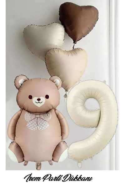 İrem Parti Dükkanı 9 Years Old, 3 Retro Hearts, 1 Cream Number, 1 Caramel Ted...