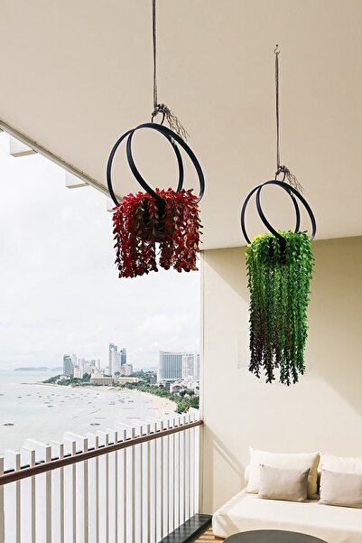 handanca Flower Tavana Asılan Siyah Ferforje Çiçeklik Bahçe Balkon Çiçek Saks...