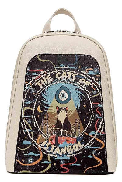 Dogo Women's Vegan Leather Cream Backpack - the Cats of Istanbul Design