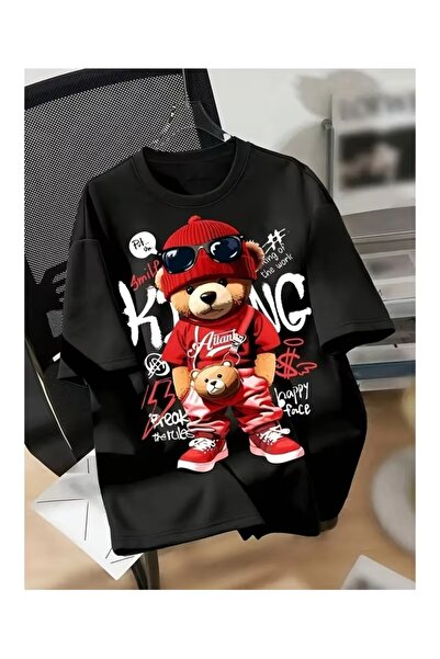 AEMİ Μπλουζάκι Unisex με στάμπα κόκκινο αρκουδάκι, μεγάλου μεγέθους, με λαιμό...