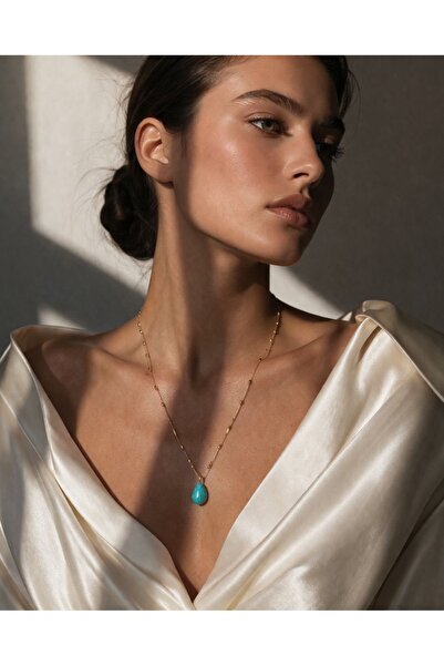 Solare Accessories Minimal Turkuaz Taşlı Altın Zincir Kolye