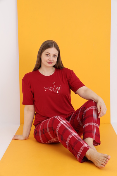 eliz 7051-6 Bamboo Battal Bordo Short Sleeve Pajama Set