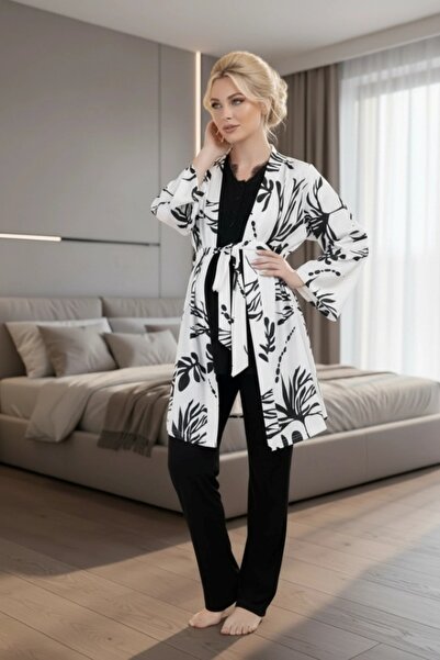 LOHOUSE Women's Black Floral Patterned Lace 3-Piece Maternity Pajama Set with...