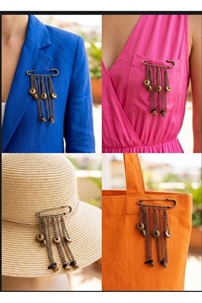 AYFAACCESSORIES Antik Bronz Renk Çoklu Zincirli Etnik Taş Detaylı İğne Broş