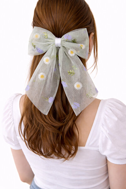 Selay Accessory Black Tulle Floral Patterned Bow Hair Clip