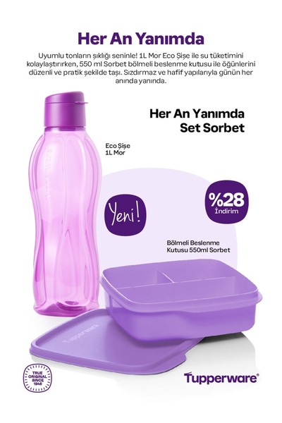 Tupperware Heran yanımda set sorbet eco şişe 1L mor,bölmeli beslenme kutusu 5...