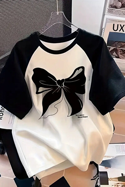 Massgai Unisex Ribbon Printed Oversize 100% Cotton Raglan Sleeve T-Shirt