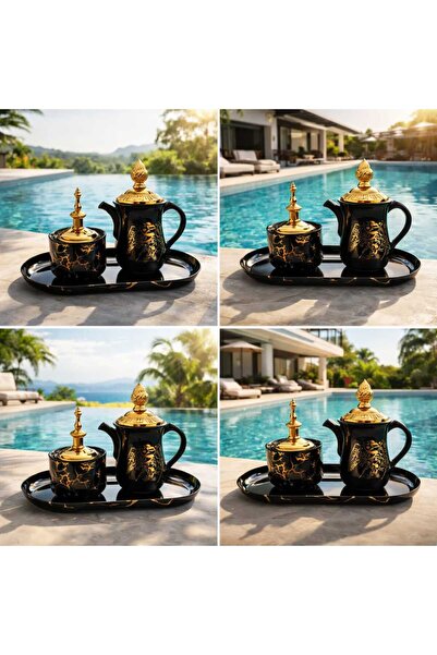 Banum Luxury Lüks Porselan Siyah Ve Altın Tonlu 3lü Set Tütsülük