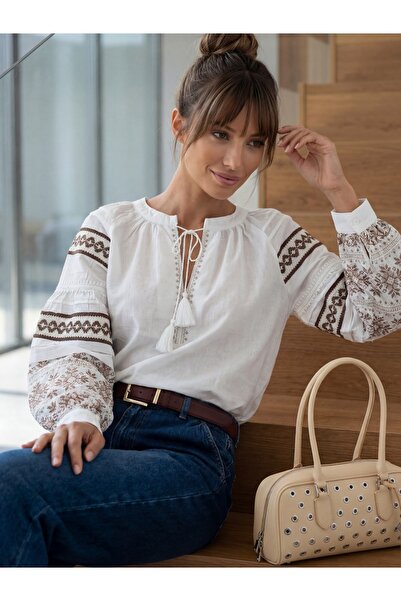 FancyWorld Μπλούζα με στρογγυλή λαιμόκοψη, μανίκια μπαλόνι, έθνικ σχέδιο, κεν...