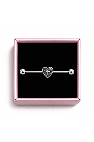 dltakicoo Kalp İçinde Haç Detaylı Çelik Köprü Piercing (Industrial Bar) – Güm...
