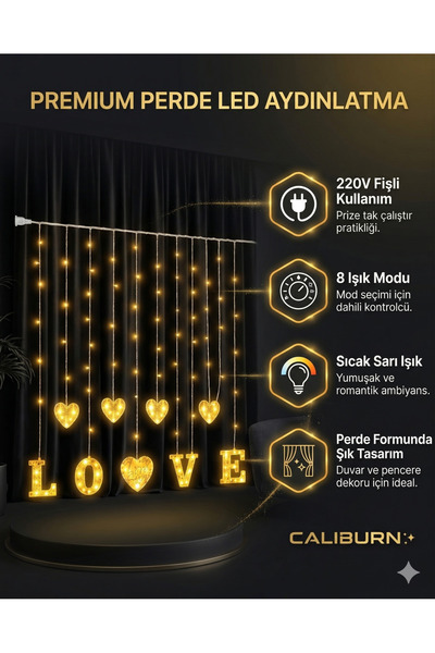 CALIBURN 3 Metre Perde Led Işık - 8 Modlu Kalp ve LOVE Figürlü Dekoratif Anim...