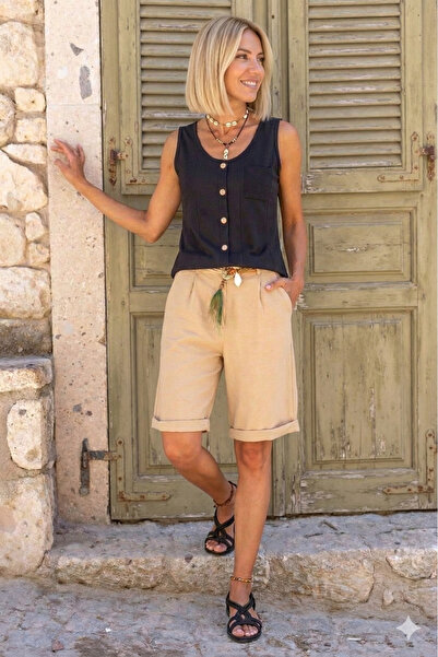 Pasaklı Giyim Γυναικείο λινό σορτς βερμούδα με διπλό μανίκι και τσέπες 2912308