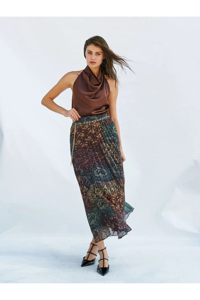 BIGNUANCE Ethnic Patterned Chain Belt Detailed Pleated A-Line Long Skirt Dail...