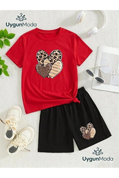 UygunModa 3 LEOPARLI KALP BASKILI T-SHİRT ŞORT YAZLIK ALT-ÜST ÇOCUK TAKIMI