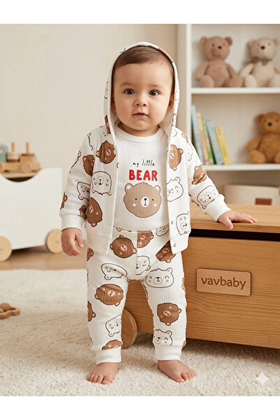 VaVbaby طقم أطفال من 3 قطع بنقشة دب تيدي - سترة بقلنسوة، بدلة داخلية، وطقم بي...