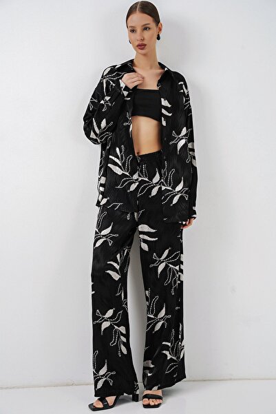 Hiccup Bdart Floral Print Shirt & High-Waisted Wide-Leg Pants Two-Piece Set