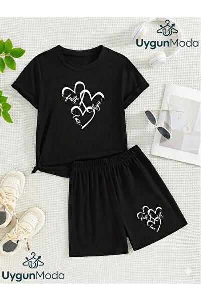 UygunModa Written 3 Heart Printed T-Shirt Shorts Summer Children's Set