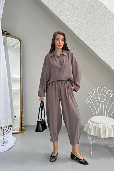 Lusin Kdın Vizon Κομψό Πουκάμισο από Ύφασμα Tensel, Παντελόνι Σαλβάρ, Σετ Δύο...