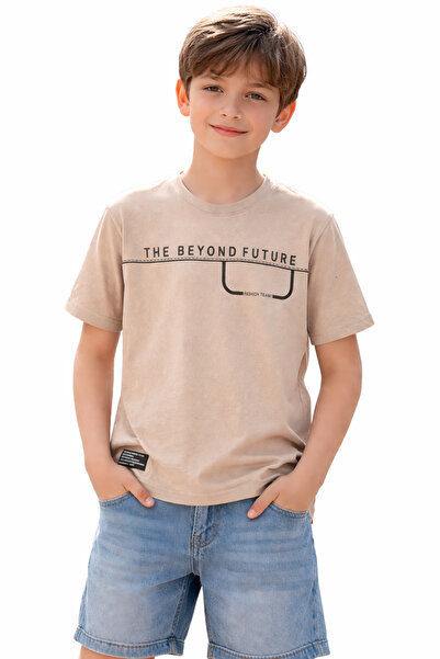 İrem Çocuk Giyim Boy's the Beyond Text Patterned Lycra Beige Color Short Slee...