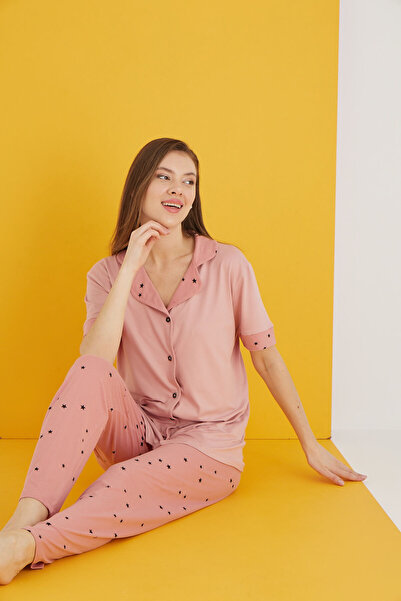 eliz 7053-34 Bamboo Powder Black Star Buttoned Short Sleeve Pajama Set