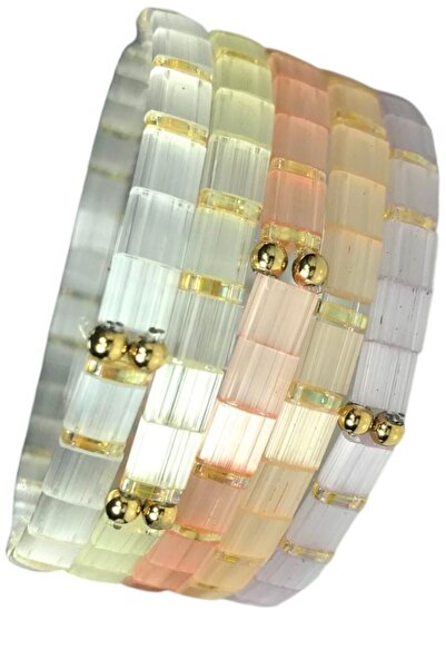 NAZLI TAKILAR Set of 5 Pastel Colors Satin Shiny Handmade Elastic Miyuki Tila...