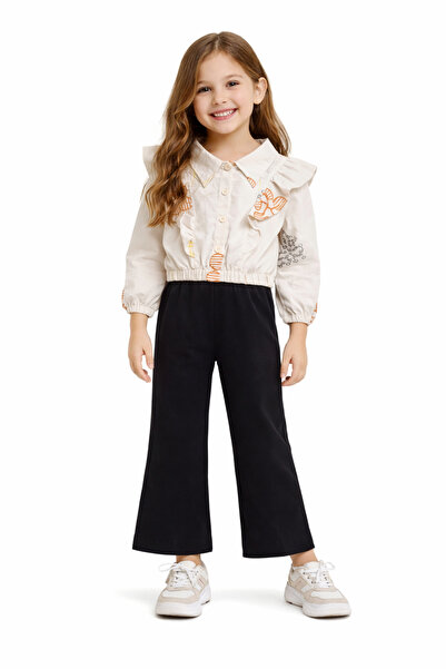 İrem Çocuk Giyim Girl's Button Detailed Shirt with Ruffle Detailed Linen Trou...
