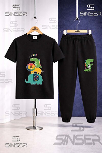 SS SİNSER Children's Animal Ust Uste Coklu Printed T-Shirt and Sweatpants Set